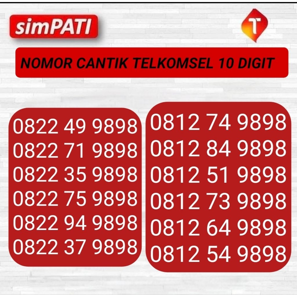 NOMOR CANTIK TELKOMSEL 10 DIGIT 9898 - NOMOR CANTIK SIMPATI 10 DIGIT - KARTU PERDANA TELKOMSEL 10 AN