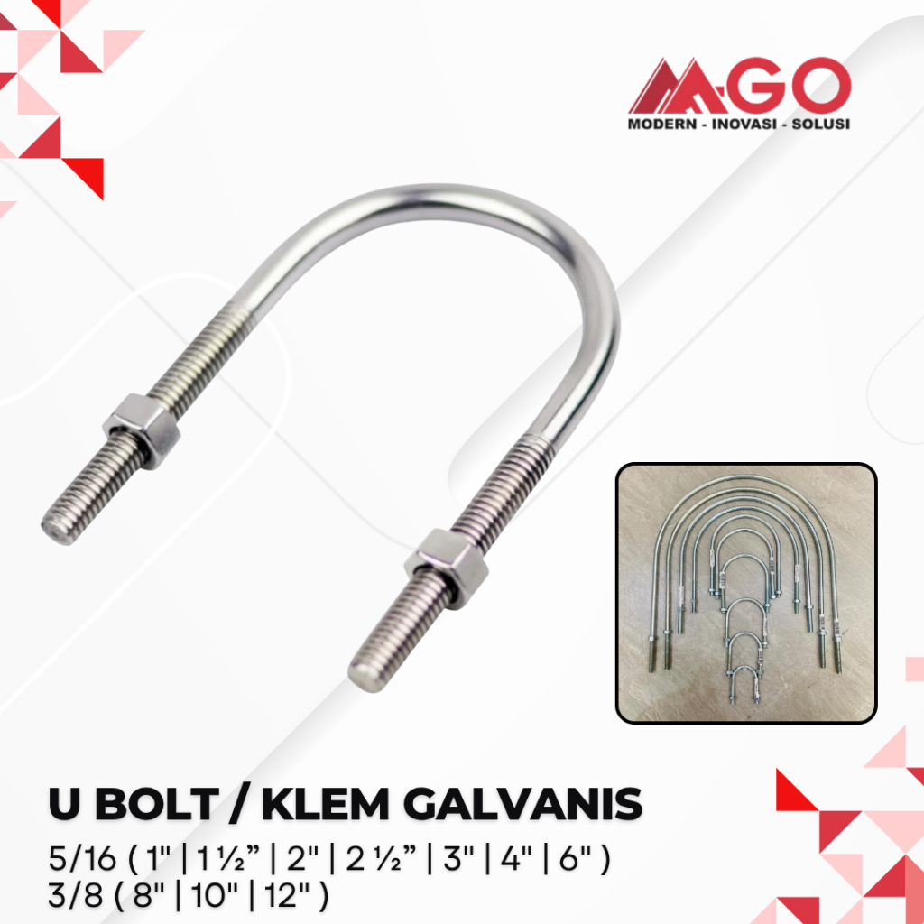 U Bolt Klem Galvanis Baja 5/16 3/8 Penjepit Pipa Besi Baut U Galvanis Anti Karat