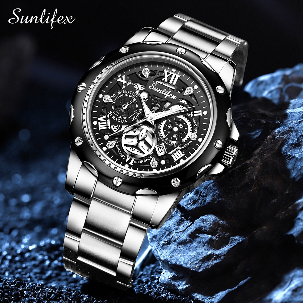 Sunlifex Jam Tangan Pria Kuarsa Luminous Tanggal Kasual Tali Stainless Steel Jam Tangan Cowok 8080