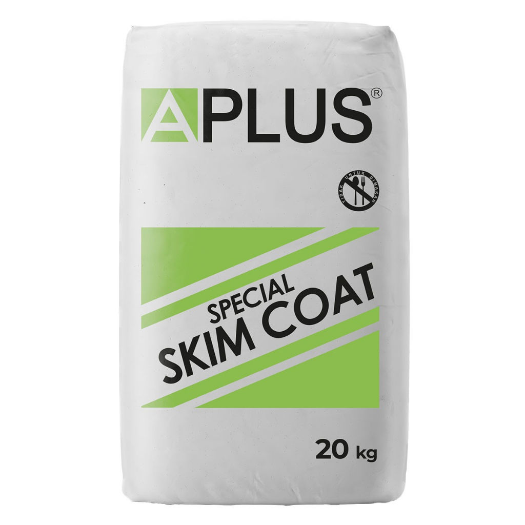 APLUS Hijau Green Skim Coat untuk meratakan permukaan dinding beton atau plesteran cocok untuk dalam