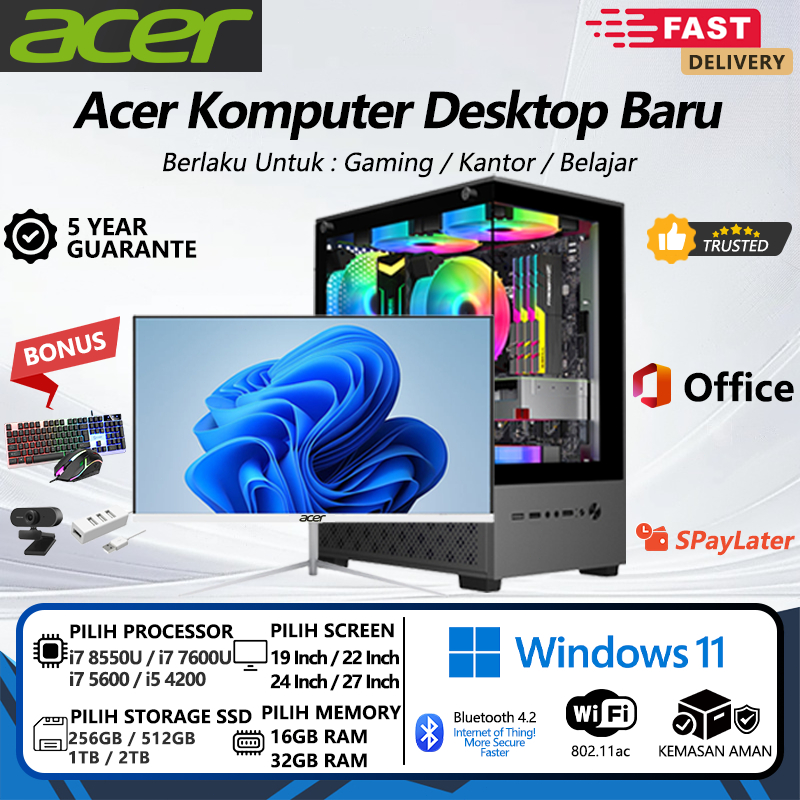 Acer Komputer Gaming Full Set Baru, Hitam Komputer Desktop Perakitan Desain Kantor Untuk Rumah, Bela