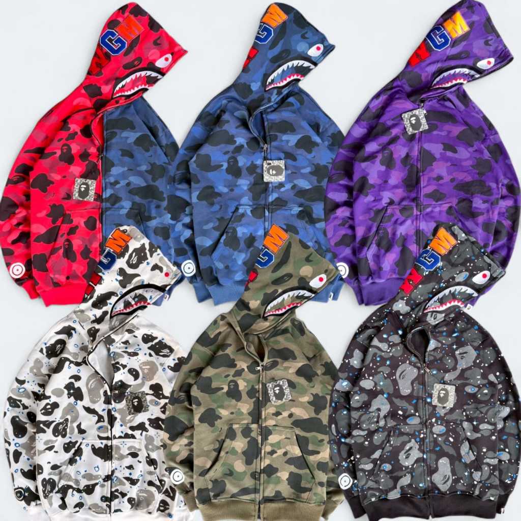 JAKET FULL ZIPPER HOODIE BAPE SHARK WGM CAMO 1ST FULL BORDIR FULLPRINT