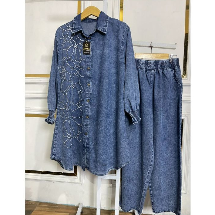 Zifana~Erica Setelan Jeans Bordir Baju Tunik Celana Kulot Terbaru