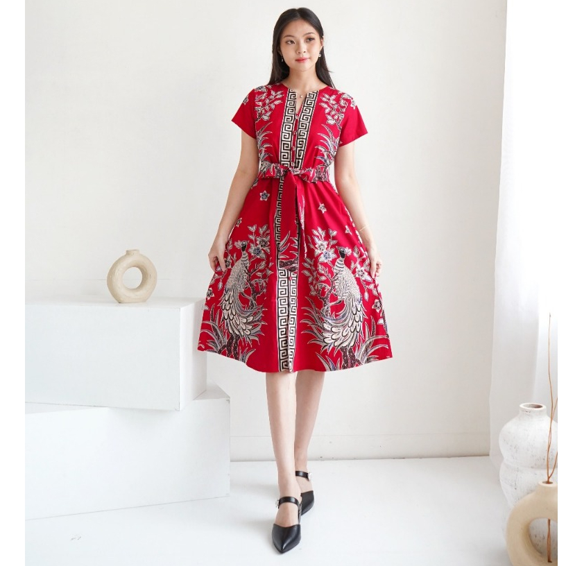 Baju Terusan Midi Dress Batik Wanita Full Kancing Depan Ikat Pinggang Bisa dilepas Gaun Tradisional 