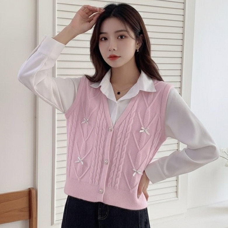 GS - Vest Rajut + Kemeja 1 set  Korea ootd Cute Girly | Atasan Rajut Baju Wanita Knitwear Lucu Pita 