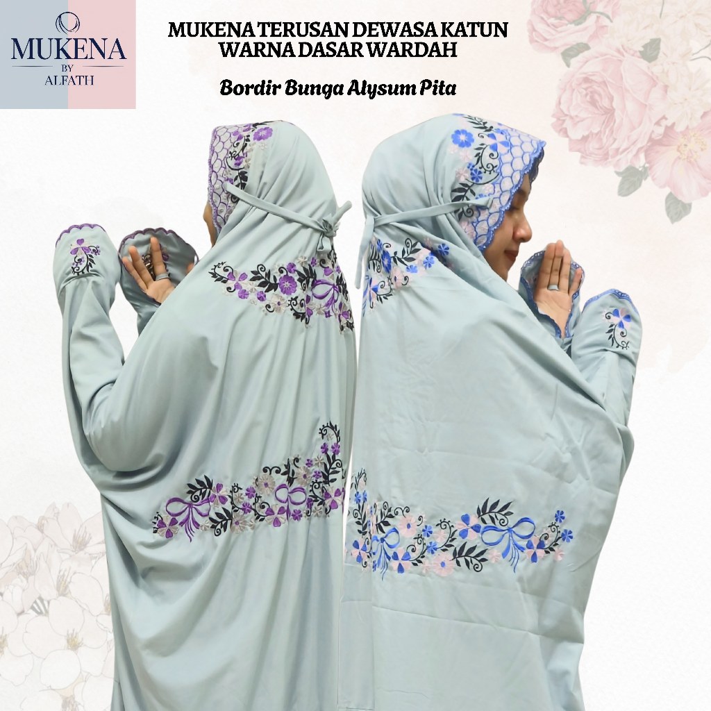 Mukena Terusan Dewasa Katun Mikro Super Soft Warna Biru Wardah Bordir Bunga Alysum Menawan