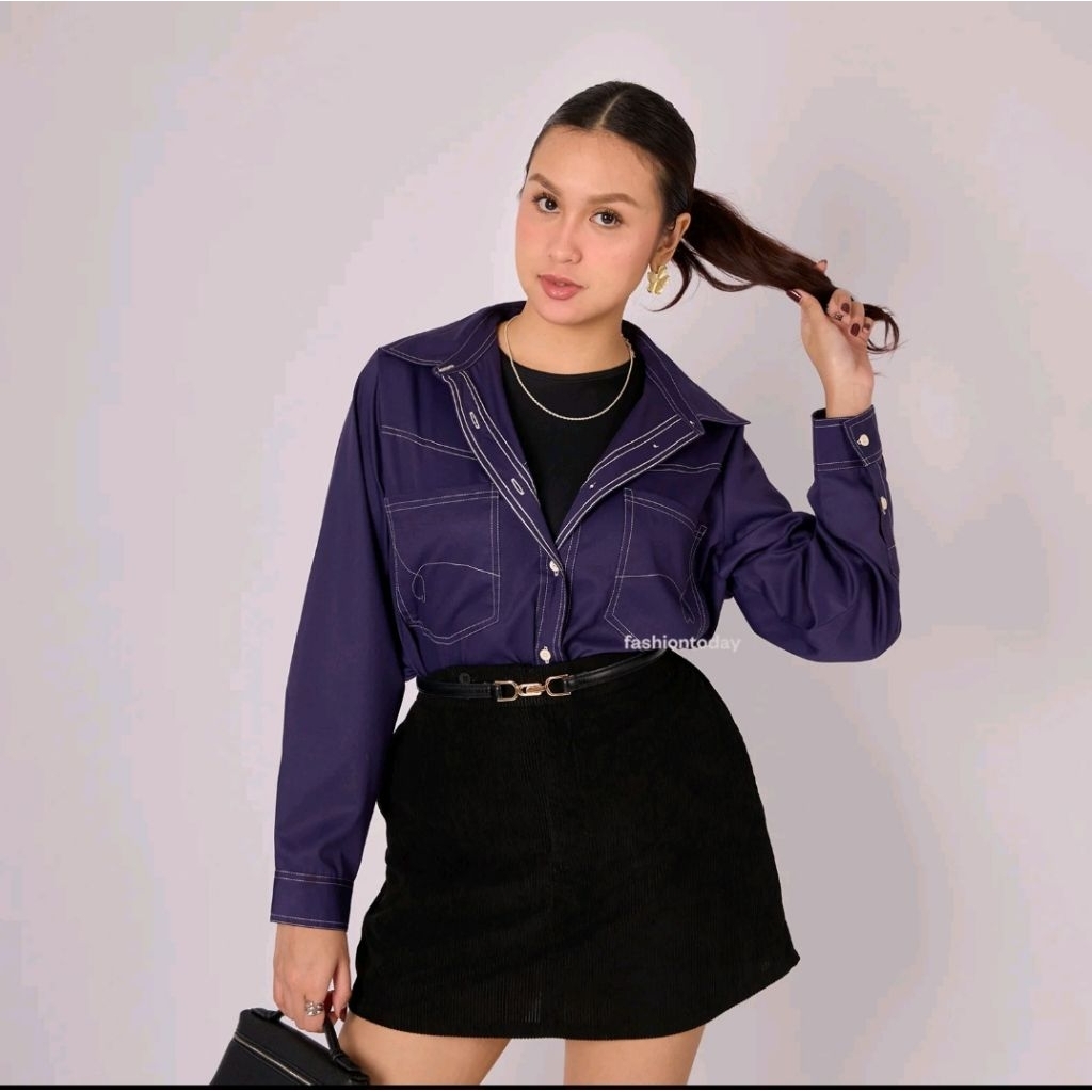 Denia Shirt Kemeja Wanita Lengan Panjang Premium dengan Contrast Stitching bisa sampai BB 90kg