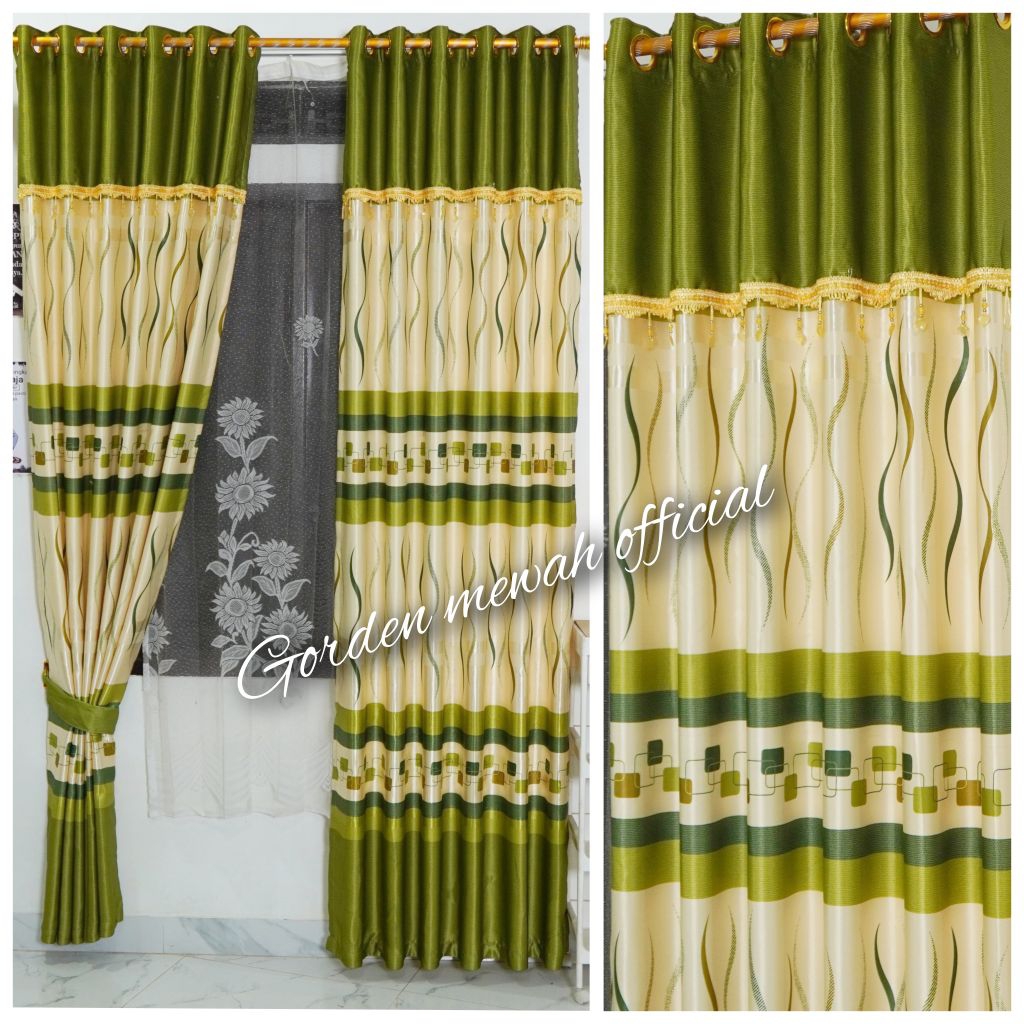gorden jendela dan gorden pintu minimalis model poni tempel mewah motif printing daun terbaru mewah