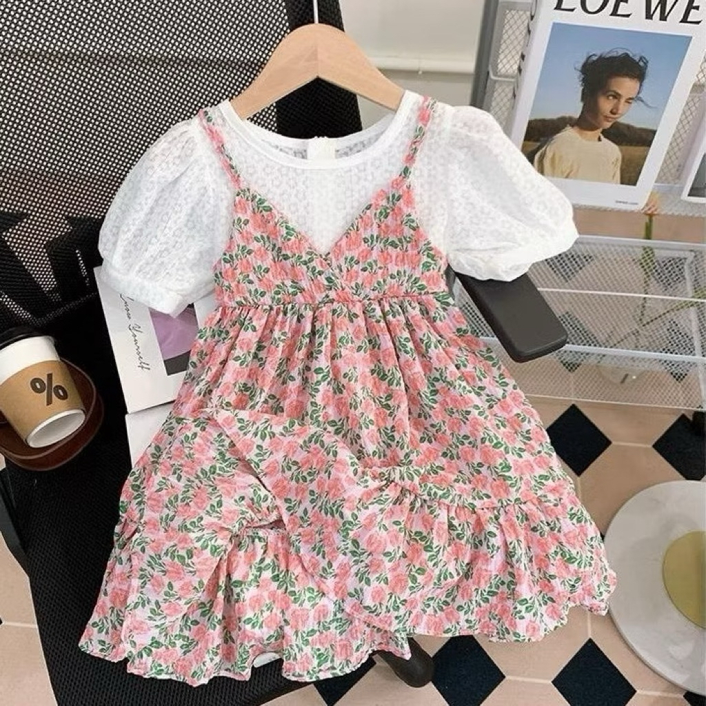 Kids Beach Dress Kasual Anak Perempuan Gaun Pantai Anak Perempuan Lengan Pendek Dress Santai Import