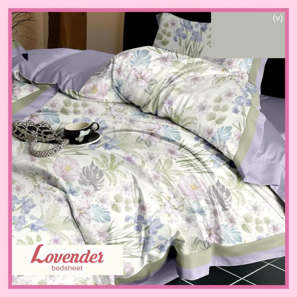 Sprei/Bedcover katun ORGANIK/SERAT BAMBU putih tropical leaf daun bunga flower pastel ungu lilac pur