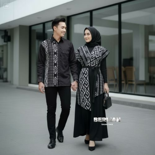Baju Tenun Couple Hitam Modern Outfit Lebaran Kemeja dan Gamis Tenun Muslimah Elegan Etnik Eksklusif