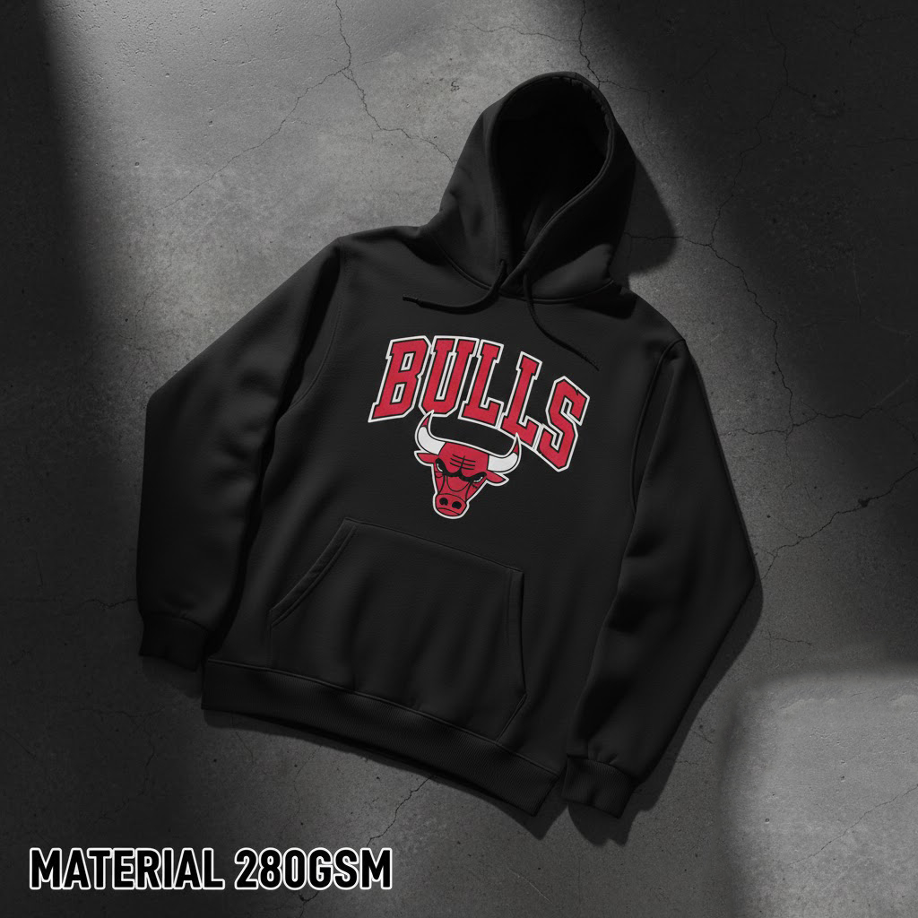 HOODIE JUMPER CHICAGO BULLS NBA PREMIUM HITAM TEBAL 280GSM | SWEATER BASKET PRIA WANITA COTTON FLEEC