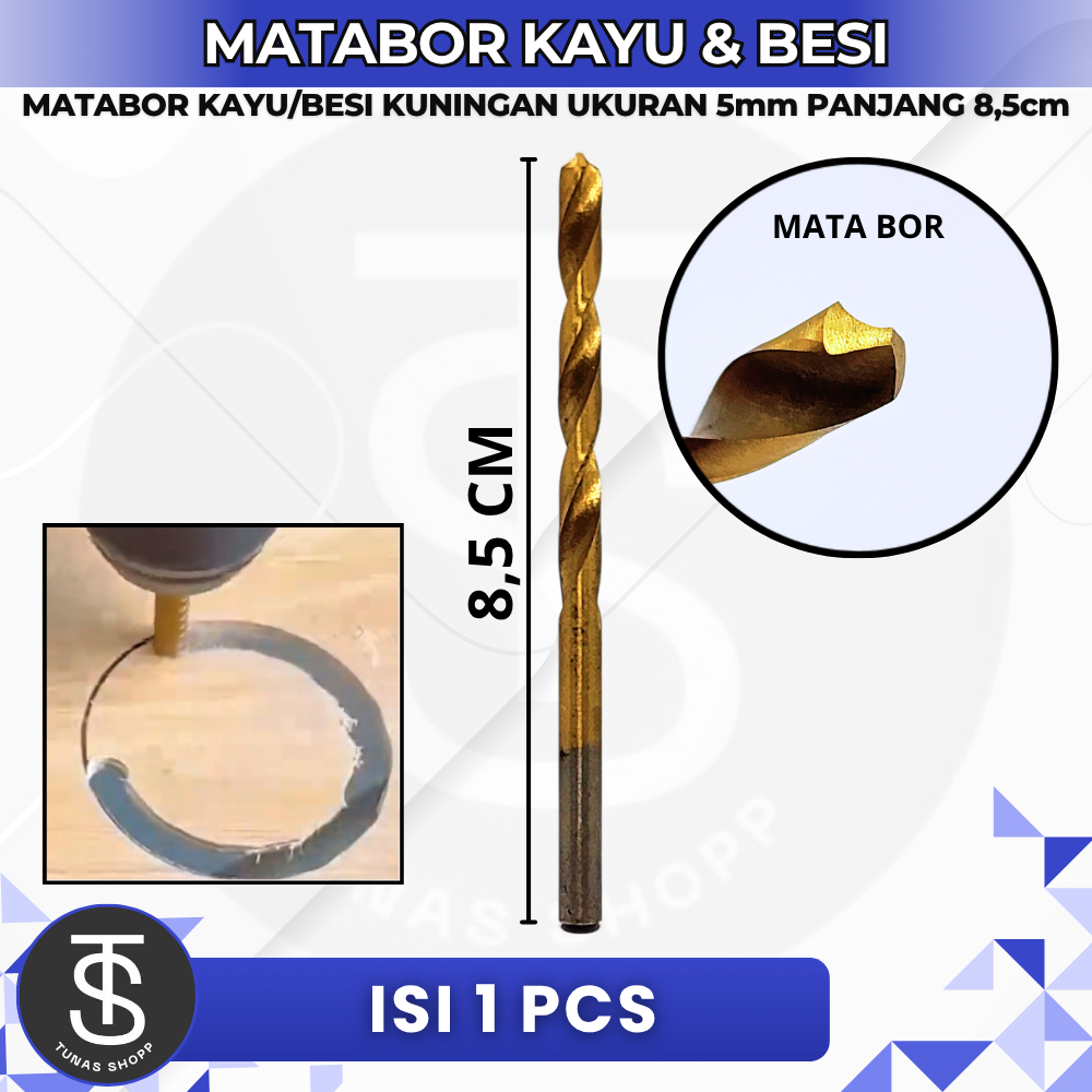 MATA BOR KAYU DAN BESI WARNA KUNING UKURAN 5MM PANJANG 6,5 CM / Mata Bor Kayu & Besi Kuning 5mm Panj