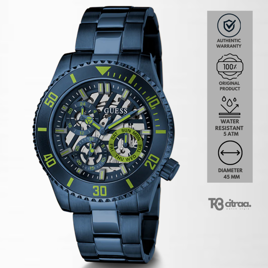Jam Tangan Pria Guess Axle GW0488G4 Chronograph Men Skeleton Blue Dia Blue Stainless Steel Strap Mew