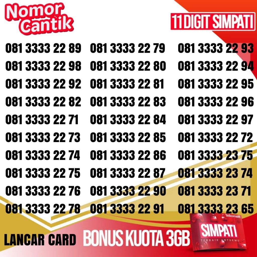 Nomor Cantik Simpati 11 digit seri 3333