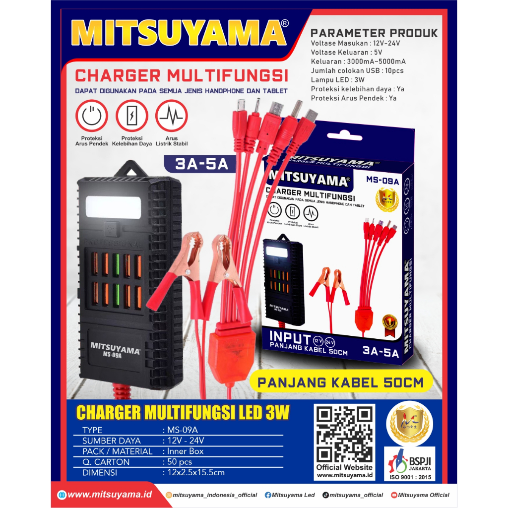 Charger Multifungsi Mitsuyama MS-09A Jepit Aki 10 Port USB + Lampu LED Emergency 12V/24V