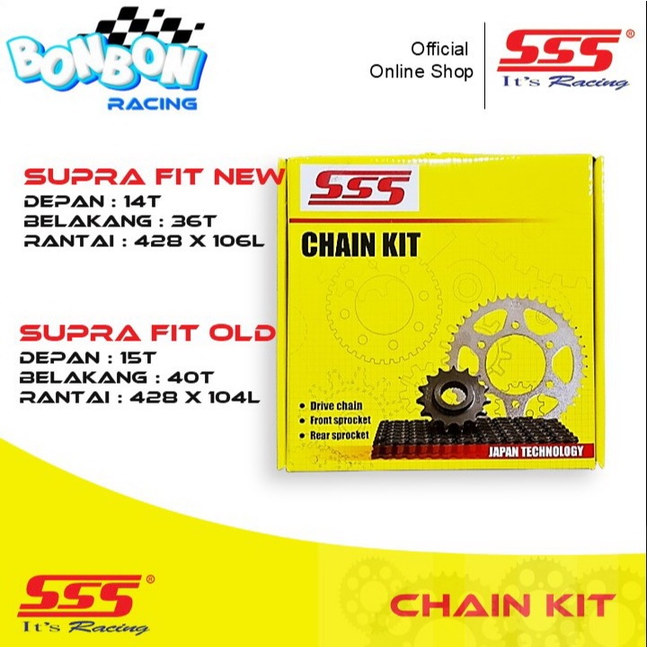 SSS Chain Kit Gear Set Supra Fit New Supra Fit Old Supra100 Gear Depan Belakang Rantai Original SSS