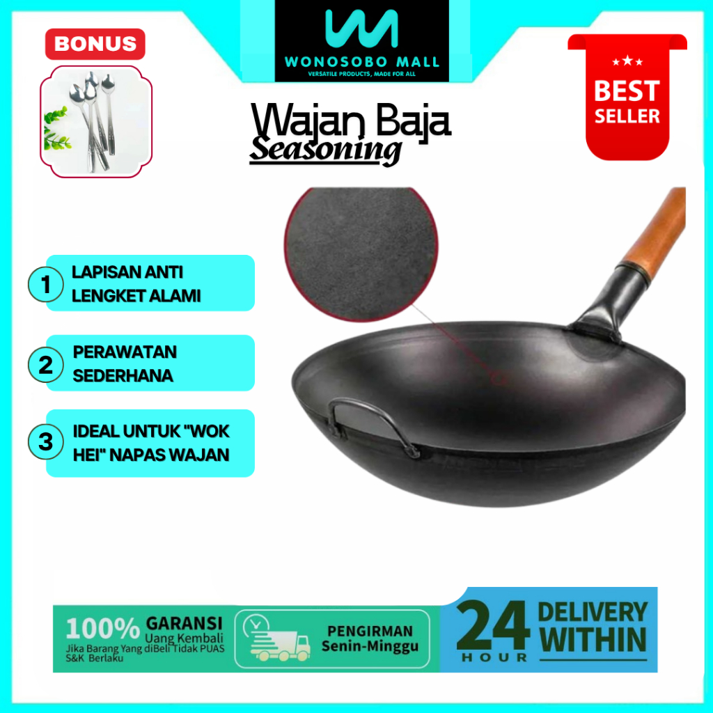 Wajan Baja gagang Seasoning Kuali gagang kayu Nasi Wok Kitchenware