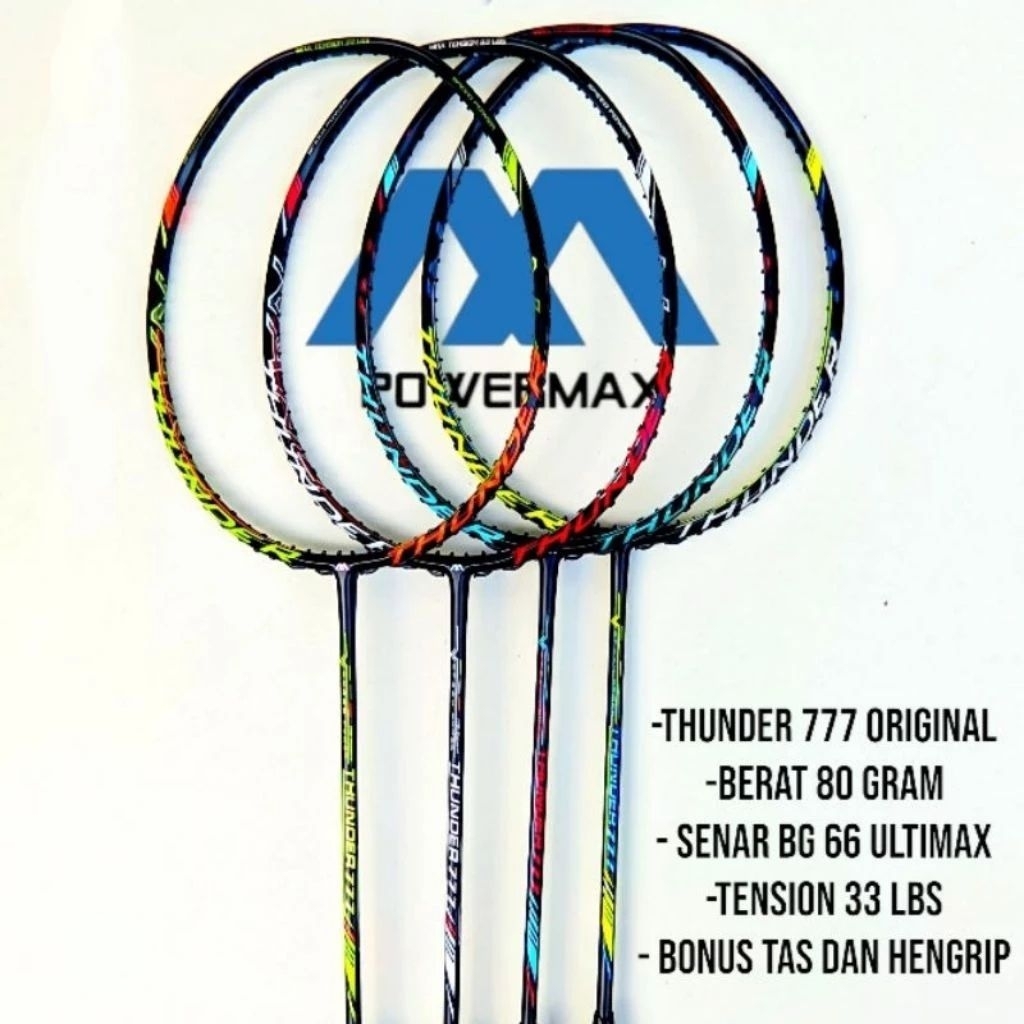 RAKET BADMINTON POWERMAX THUNDER 777 ORIGINAL TENSION 35 LBS SIAP PAKAI BONUS TAS DAN GRIFNYA