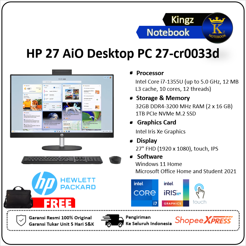 HP PC AIO 27 Core i7 1335U 32GB 2TB Win11+OHS 27" FHD Touch