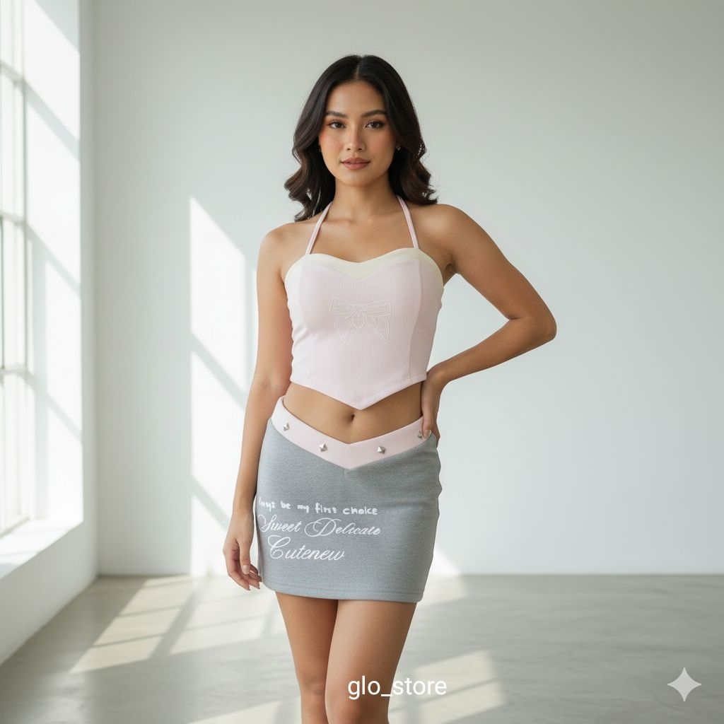 Setelan Set Outfit Wanita Sexy Cute Korean Style • Atasan Corset Pink + Rok Mini Abu • Baju Cewek Ke