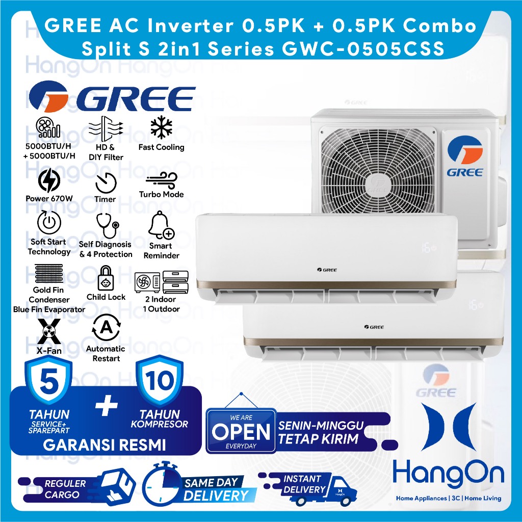 GREE GWC-0505CSS AC Inverter Indoor 0.5PK + 0.5PK & Outdoor Combo Split S 2in1 Series Pendingin Ruan