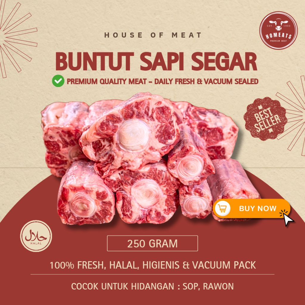 Buntut Sapi Lokal Premium 250 Gram 1/4 KG – Fresh Oxtail Center Cut | Cocok untuk Sop Buntut, Rawon,