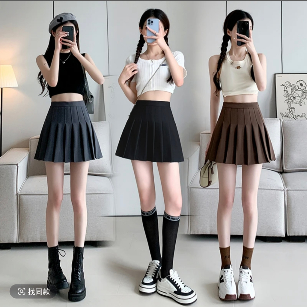 Rok Plisket High Waist Pendek Wanita Gaya Jepang Japanese Style Pleated Mini Skirt Model A-Line Anti