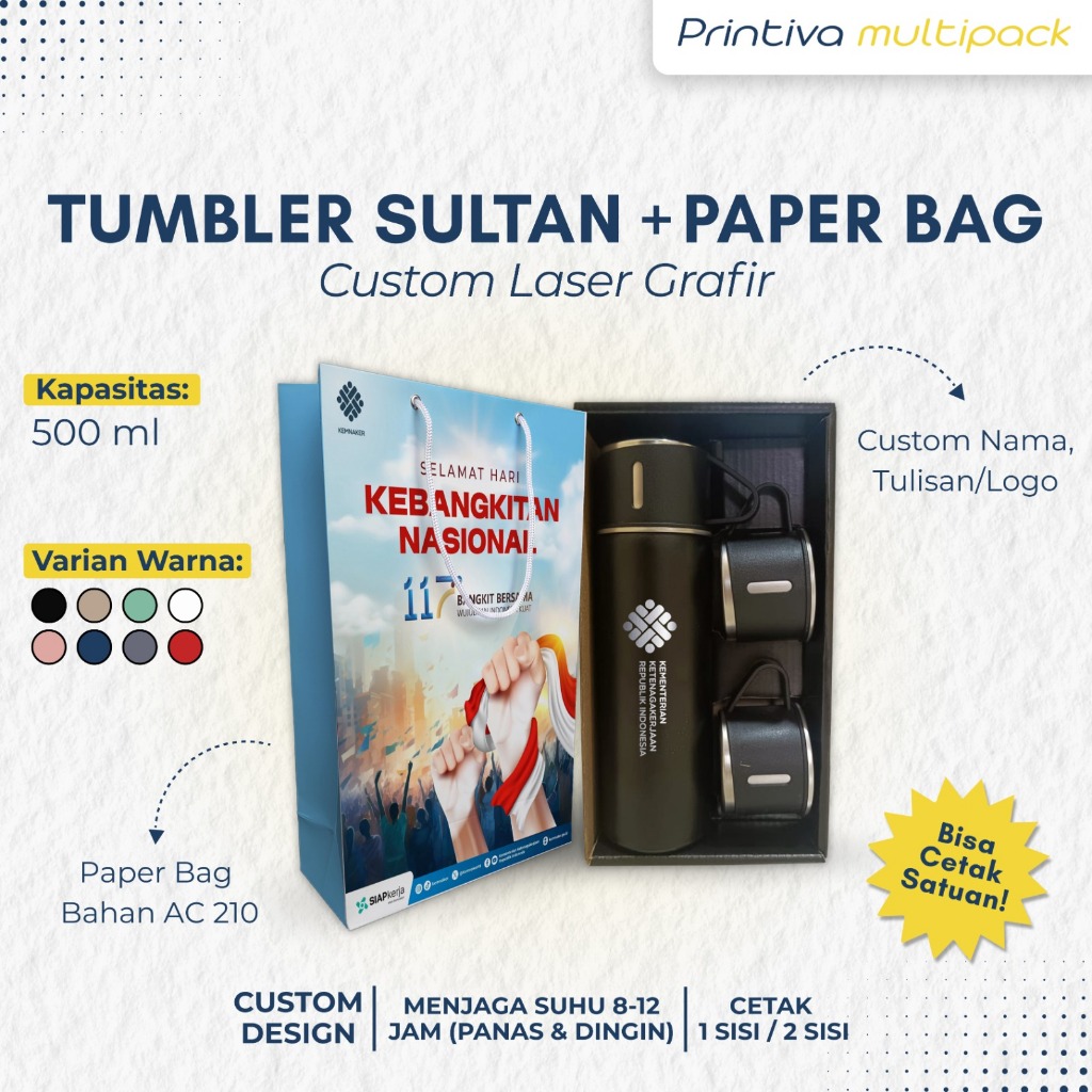 Custom Tumbler Sultan Set Grafir 1 Sisi/ 2 Sisi + Paper Bag Souvenir/Promosi Gift Box