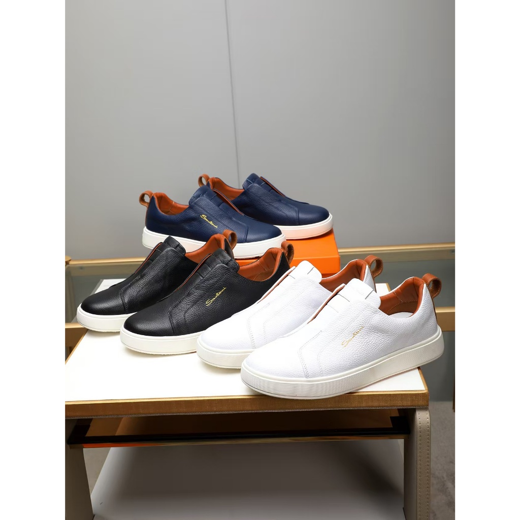 Santoni sepatu olahraga kulit anak sapi buatan tangan untuk pria