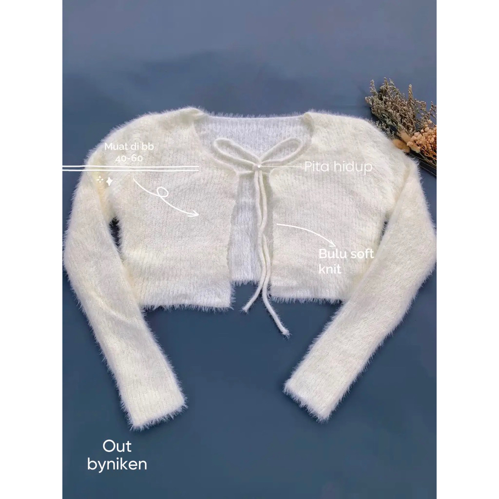 Out byniken Cardigan Rajut Bulu Halus Wanita Korea Style – Cute Crop Pita Depan