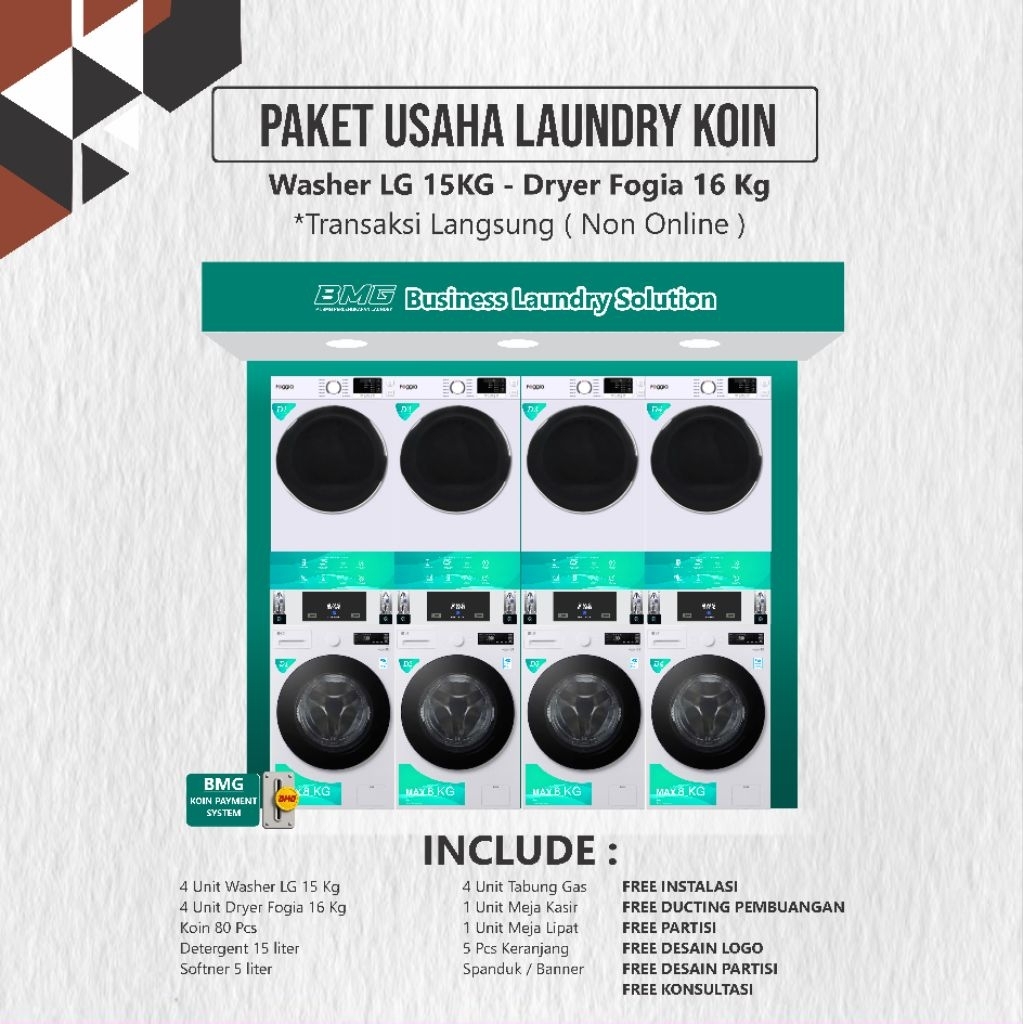 Paket Usaha Laundry Koin 4 Stack / Pasang. Washer LG 15Kg dan Dryer Foggia FGD160