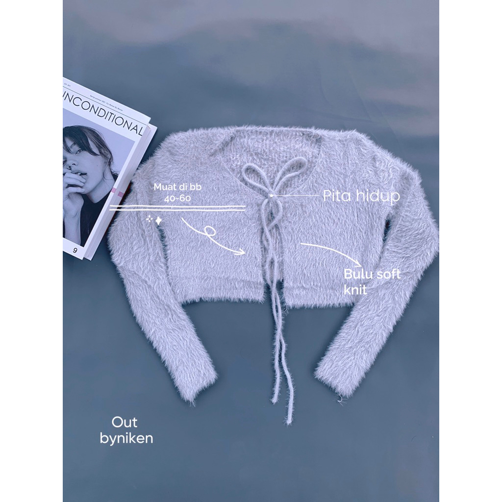Out Byniken Cardigan Rajut Bulu Soft Knit Pita Crop Wanita korea style