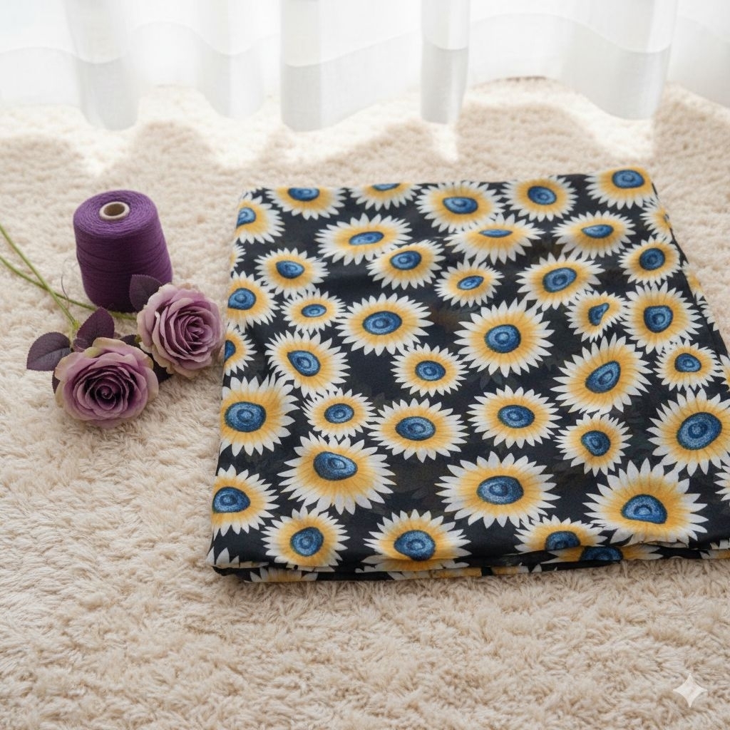 Kain Sifon Ceruty Premium Motif Sunflower Jumbo (Hitam) | Bahan Adem, Jatuh, Flowy untuk Outer Panta