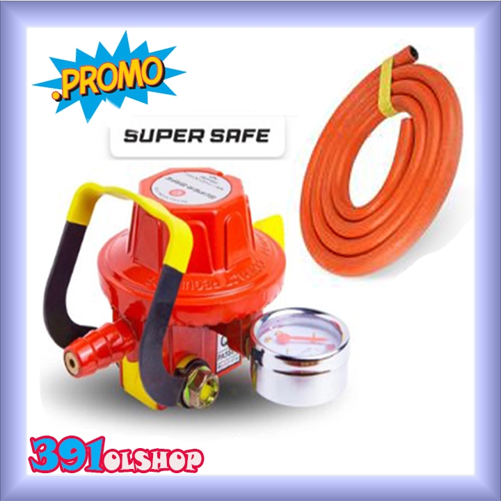 Paket Lengkap Plus Selang Super Safe Regulator Meter Double Lock SS-88R Tekanan Rendah Kunci Ganda A