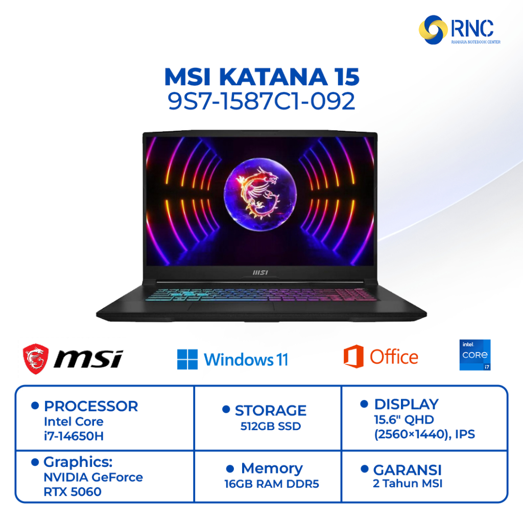 Laptop MSI Katana 15 Gaming Series 9S7-1587C1-092 Intel Core i7-14650H RTX 5060 RAM 16GB SSD 512GB