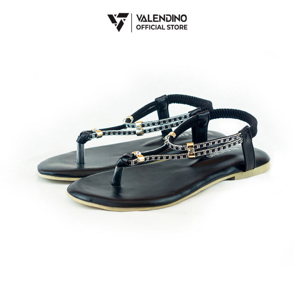 VALENDINO Sandal Flat Wanita Tali Berlian Emas Silver Elegan Modis Mewah Nyaman Kasual Kekinian Hita