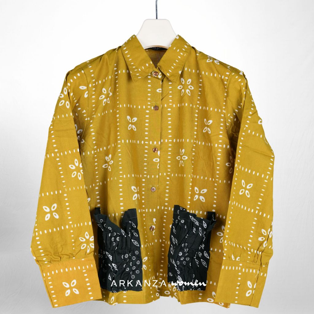 ARKANZA WOMEN Kemeja Batik Cap Oversize Kawung Lime Atasan Wanita Katun Modern Lengan Panjang