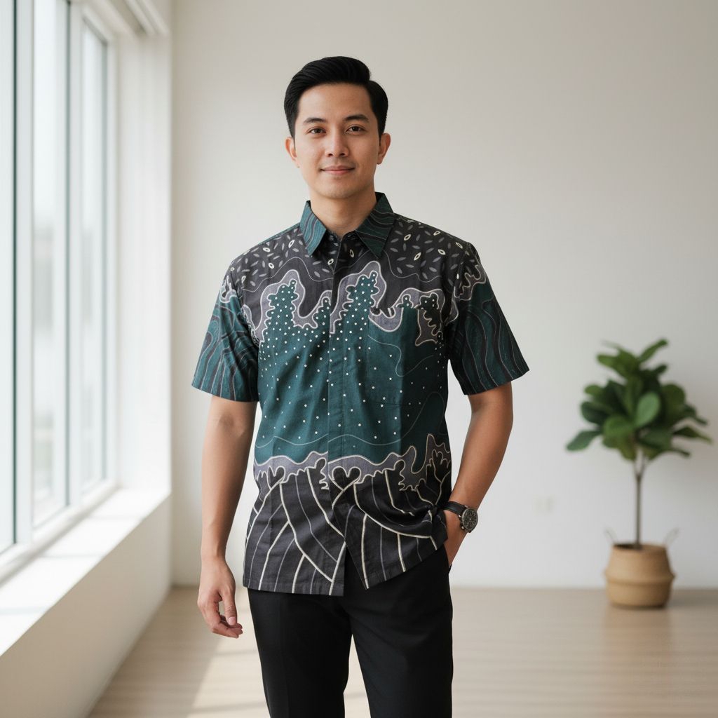 Batik Pria Lengan Pendek Modern Katun Reguler Fit - Baju Seragam Batik Cowok Pesta & Kantor - Hijau 