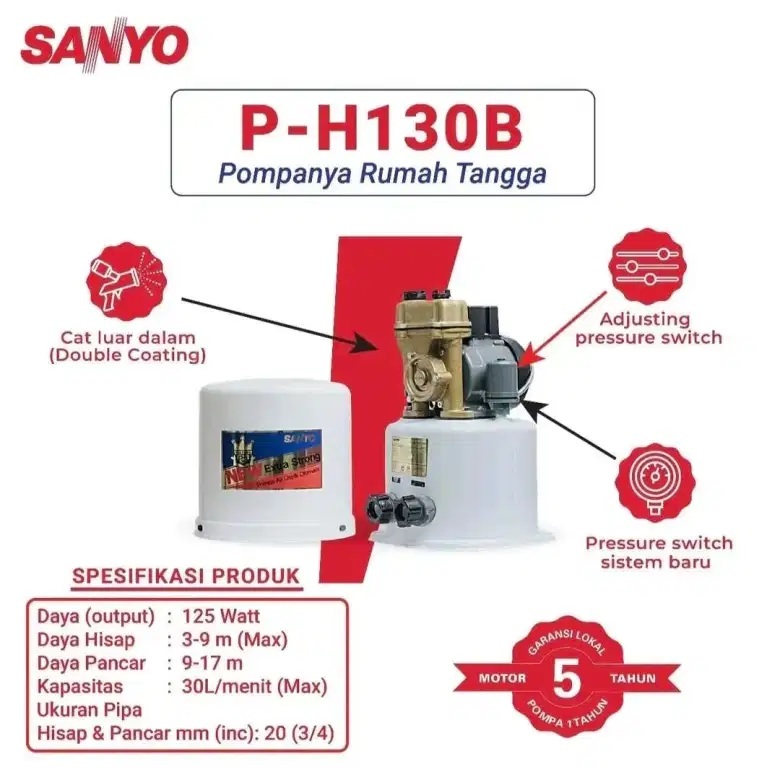 SANYO Pompa Otomatis Air Dangkal P-H130B Tabung Besar