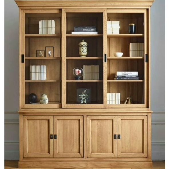 Kayukozy - Lemari Pajangan Kaca Jati Geser Minimalis Modern | Lemari Buku Display Hias Kayu Solid