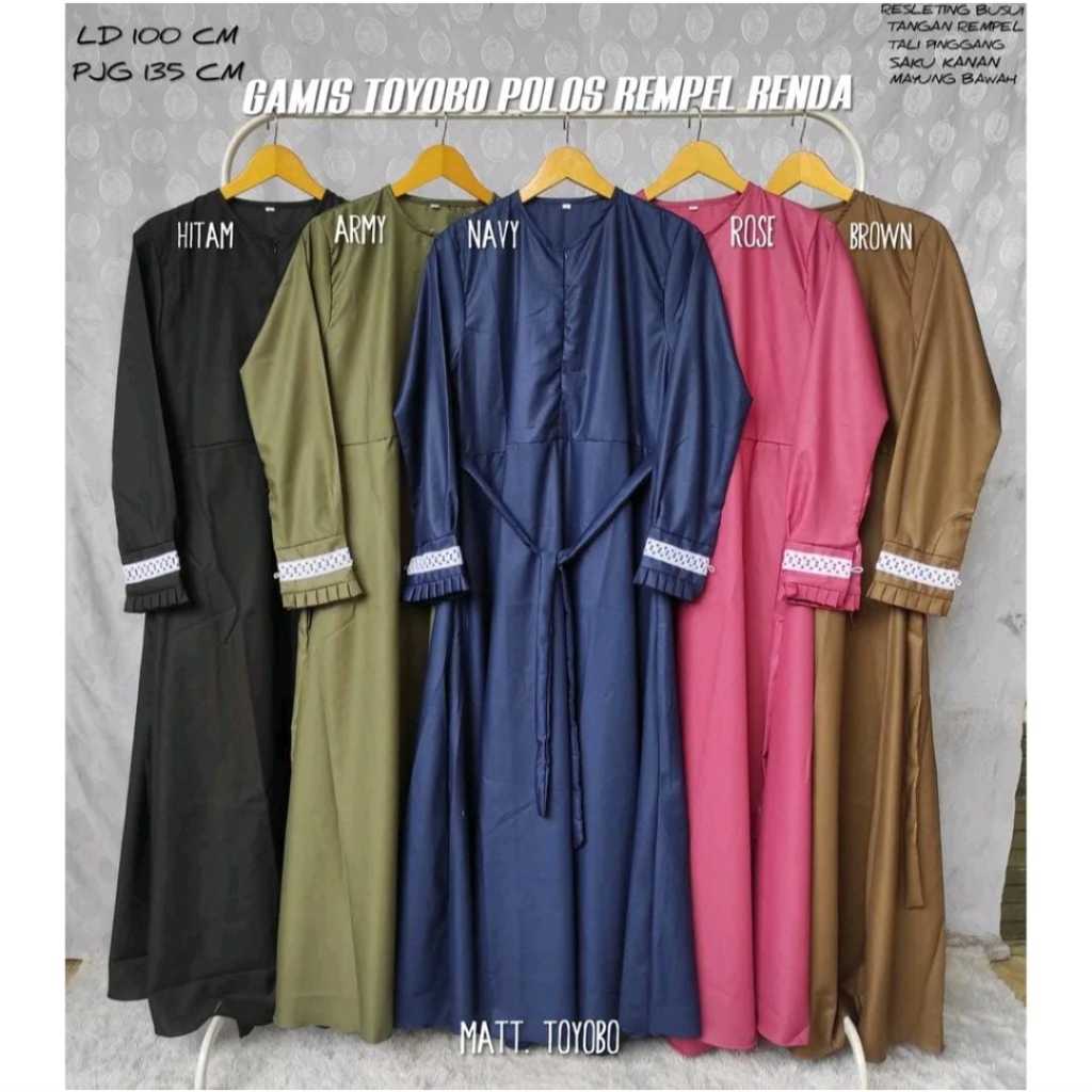 Gamis Toyobo Polos Rempel Renda Katun Fodu L-XL Gamis Katun Toyobo Polos Muslimah Remaja Terbaru Len