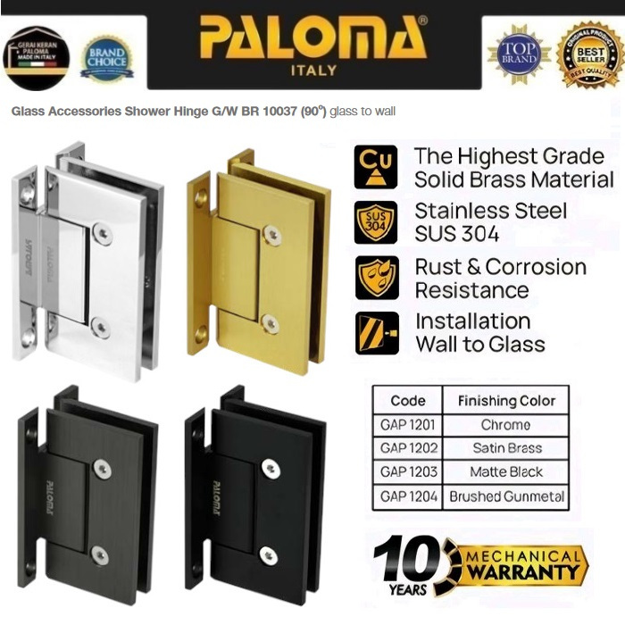 PALOMA GAP 1201 1202 1203 1204 Engsel Pintu Kaca Kamar Mandi Shower Box 90 derajat Chrome Satin Gold