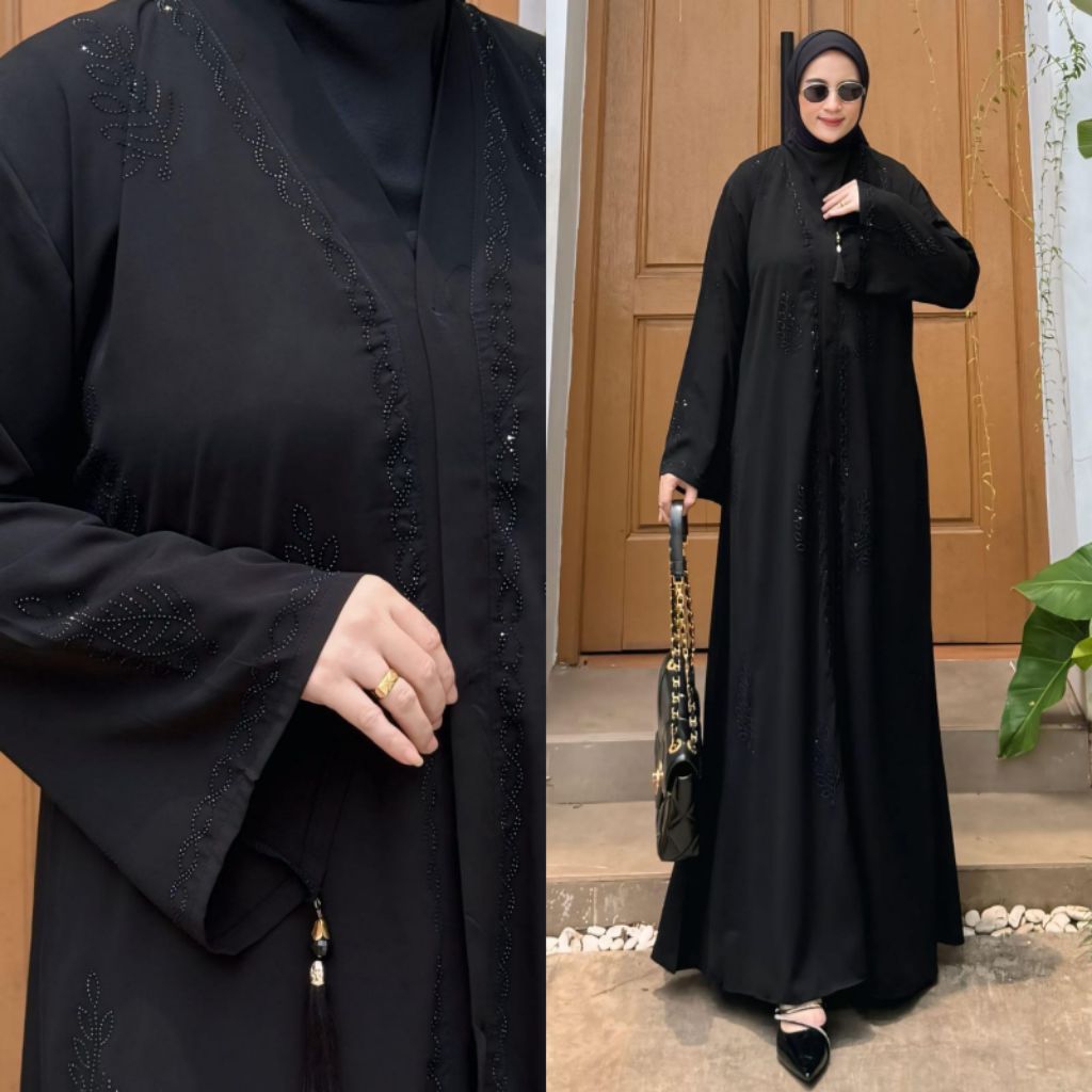 Gamis Remaja Abaya Turkey Jetblack Motif Daun Hitam