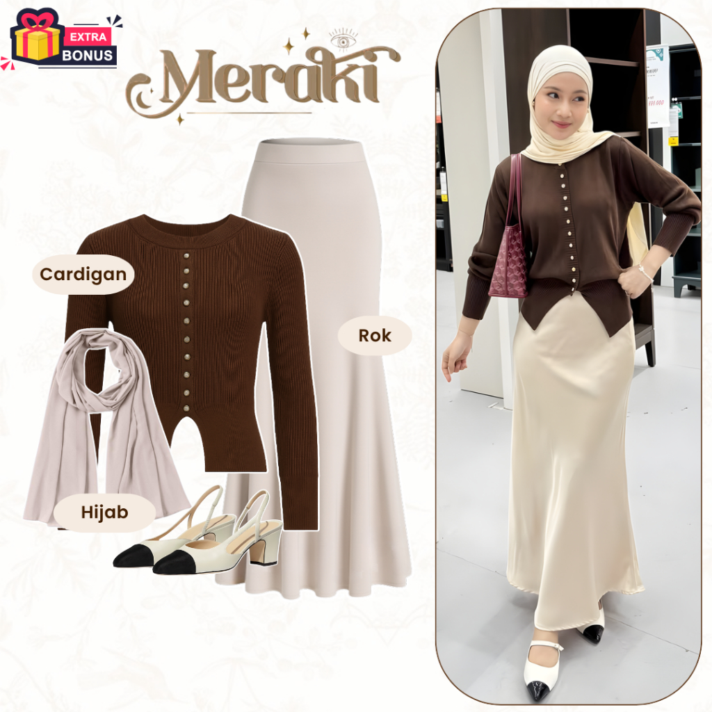 Oneset One set 3in1 setelan hijab wanita atasan cardigan kardigan outer rok duyung payung a line pas