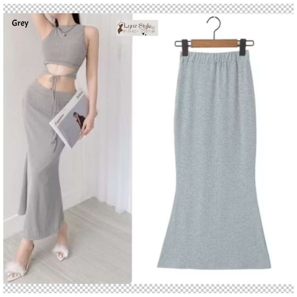 Rok Panjang Wanita Midi Maxi Skirt Rajut Mermaid Duyung Grey Style Korea Import