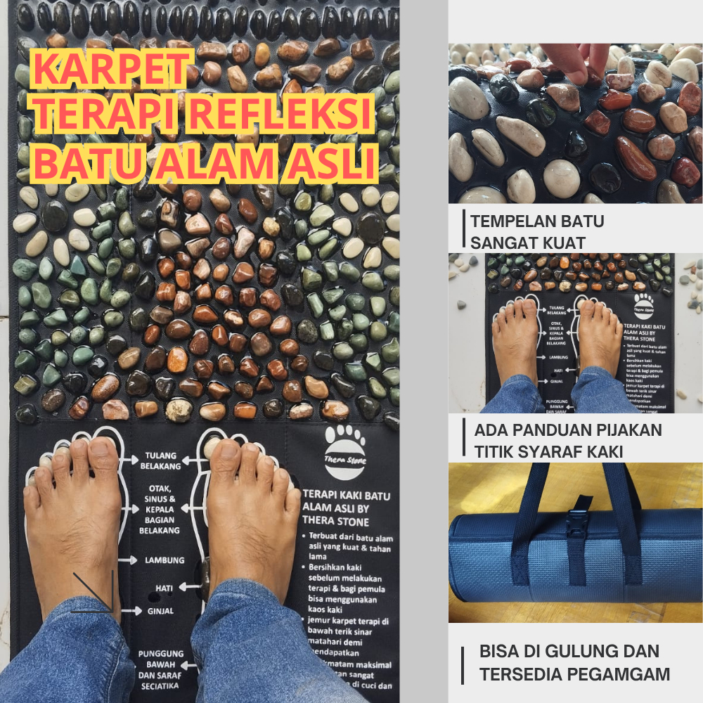 Karpet terapi kaki injak atasi rematik dengan tonjolan batu alam asli dengan panjang 80 cm dan lebar