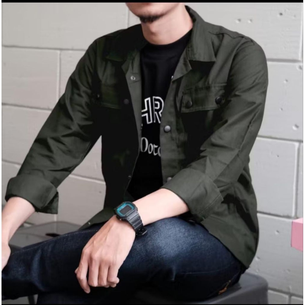 Kemeja Army Jaket Trucker Semi Parka Pria Kancing Hitam Canvas Man (Warna Army)