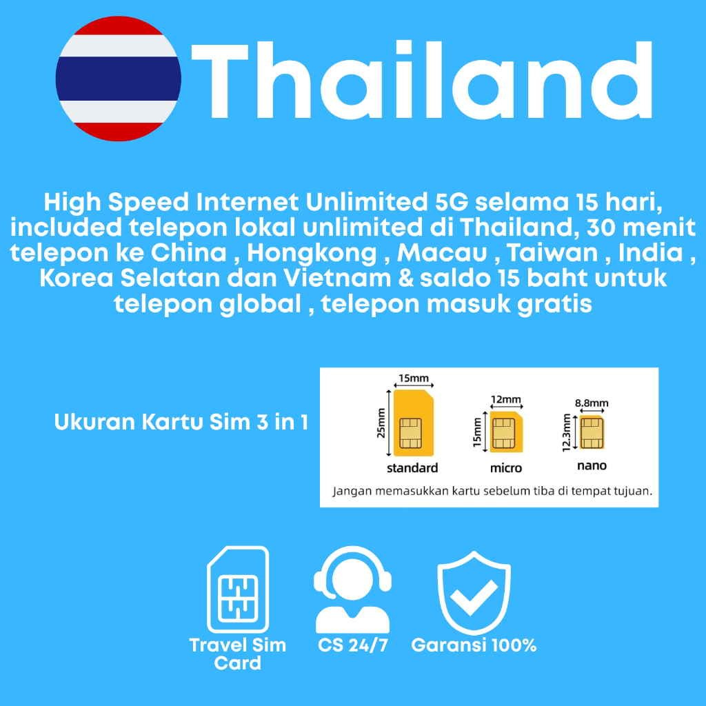 Kartu SIM Kuota Thailand SIM card Thailand 15 hari kuota data 4G/5G Unlimited & Saldo 15Bath
