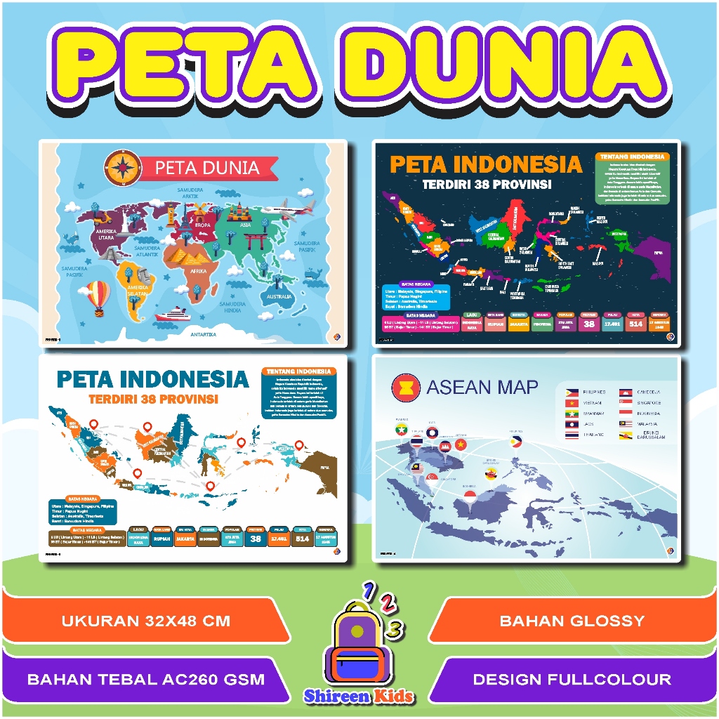Poster Peta Dunia - Poster Peta Indonesia - Poster edukasi anak